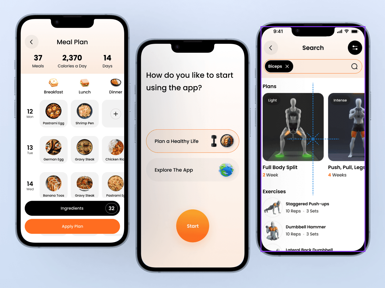 FedFit app screens: weekly meal plan, onboarding choice, and exercise search