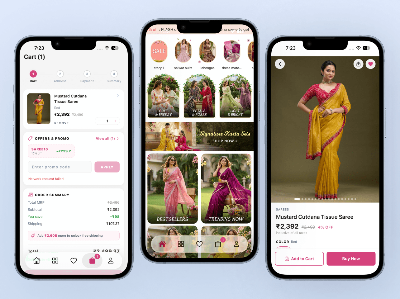 Sona Sarees app screens: cart with promo code, curated home feed, and product detail page